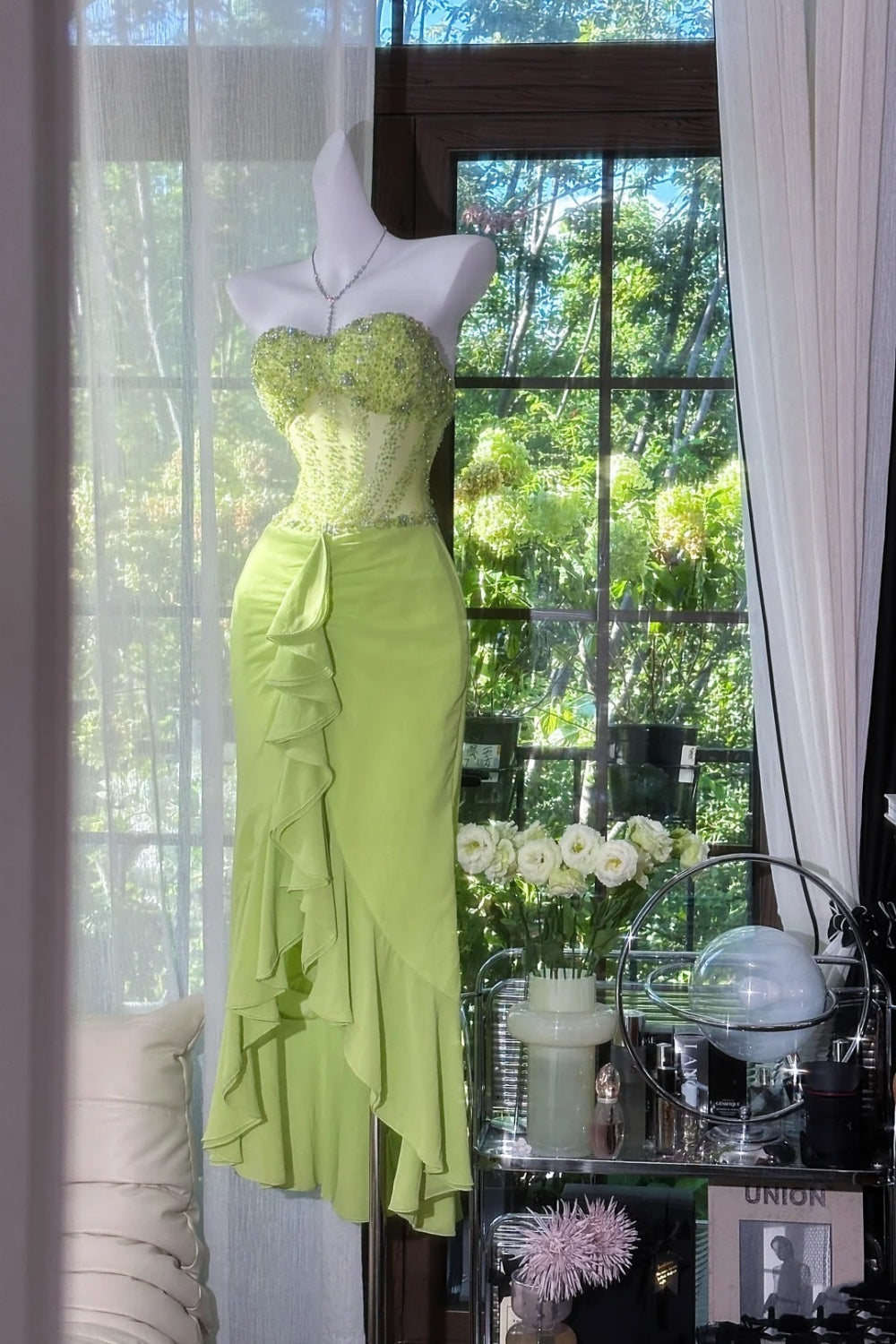 Green Romantic Fairy Exquisite Bead Decoration Long Chiffon Date Dress Party Dress gh6910