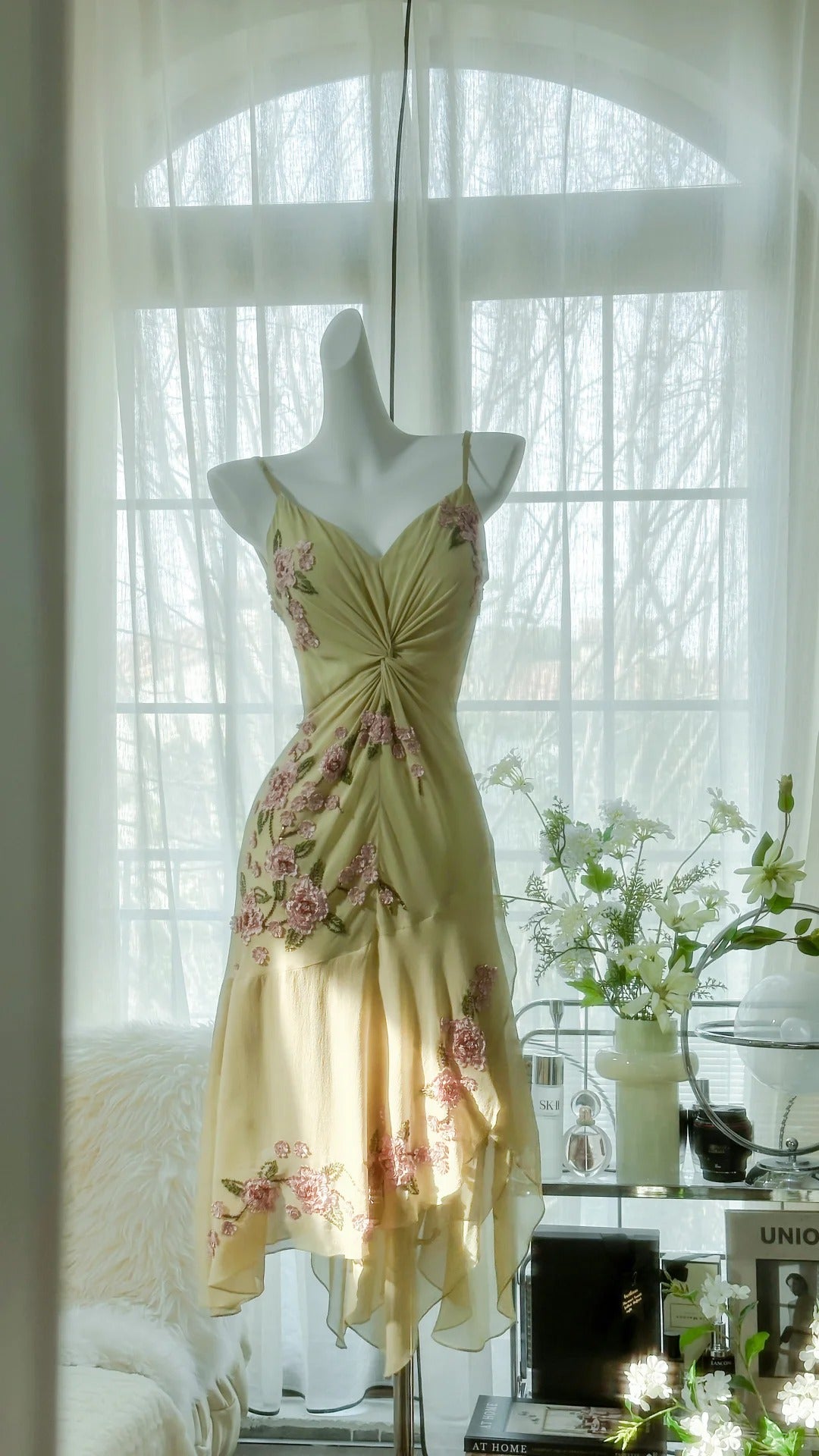 Yellow Elegant Romantic Delicate Pink Floral Beading Spaghetti Straps Midi/Short Chiffon Homecoming Ball Gown Evening Dress Birthday/Wedding Guest/Holiday Party Dress Prom Dress gh4023