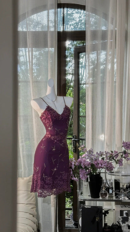 Purple Floral Gold Beaded Short Lace Chiffon Homecoming Dress Birthday Party Dress gh4621