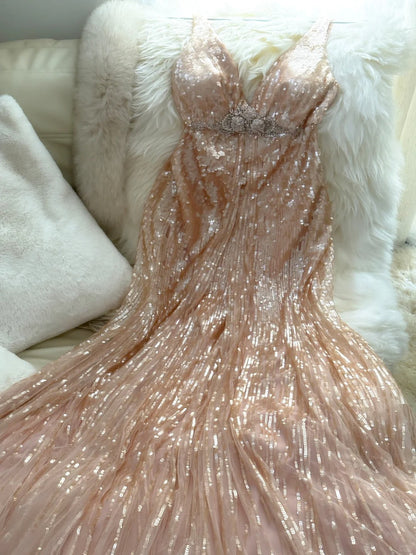 Pink Gorgeous Shiny Exquisite Beaded Spaghetti Strap V-Neck Long Sequin Chiffon Ball Gown Evening Gown Party Dress gh4094