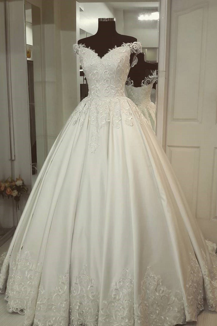 Jenesis | A-Line Off-the-Shoulder Ivory Wedding Gown with Appliques