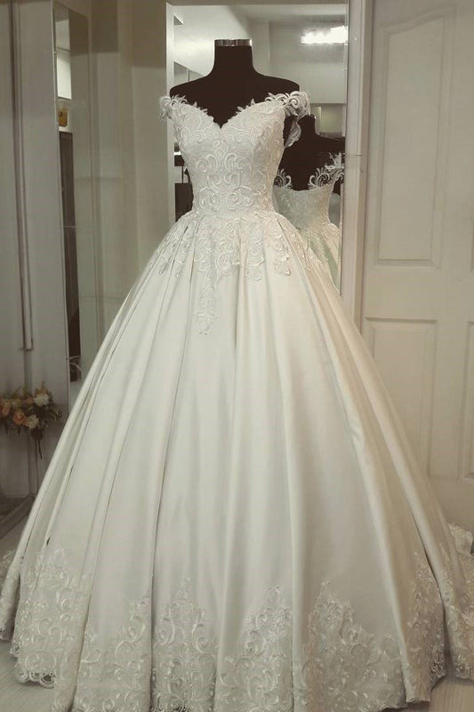 Jenesis | A-Line Off-the-Shoulder Ivory Wedding Gown with Appliques