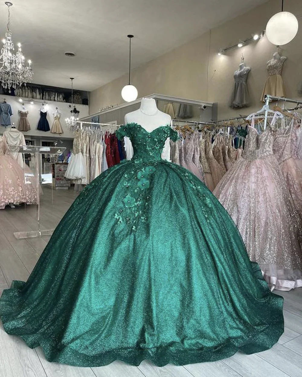 Off The Shoulder Ball Gown Green Sweet 16 Dress c2563