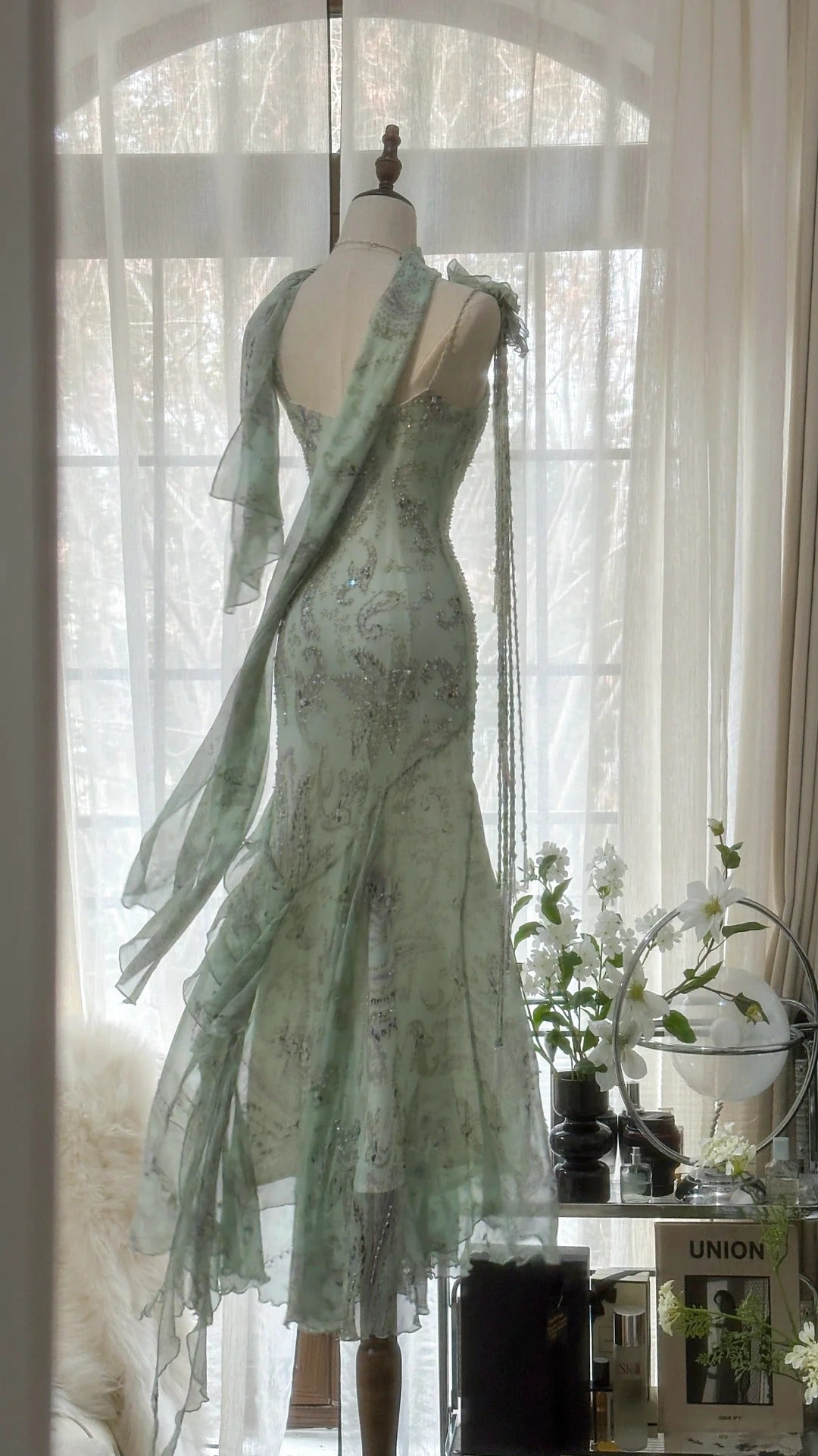 Mint Green Gorgeous Exquisite Beaded Long Chiffon Fairy Ball Gown Evening Dress Wedding Party Dress Prom Dress Graduation Date Dress gh3989