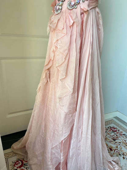 Vintage Pink A-line Rhinestone Beaded Chiffon Long Prom Dress Evening Dress cc5345