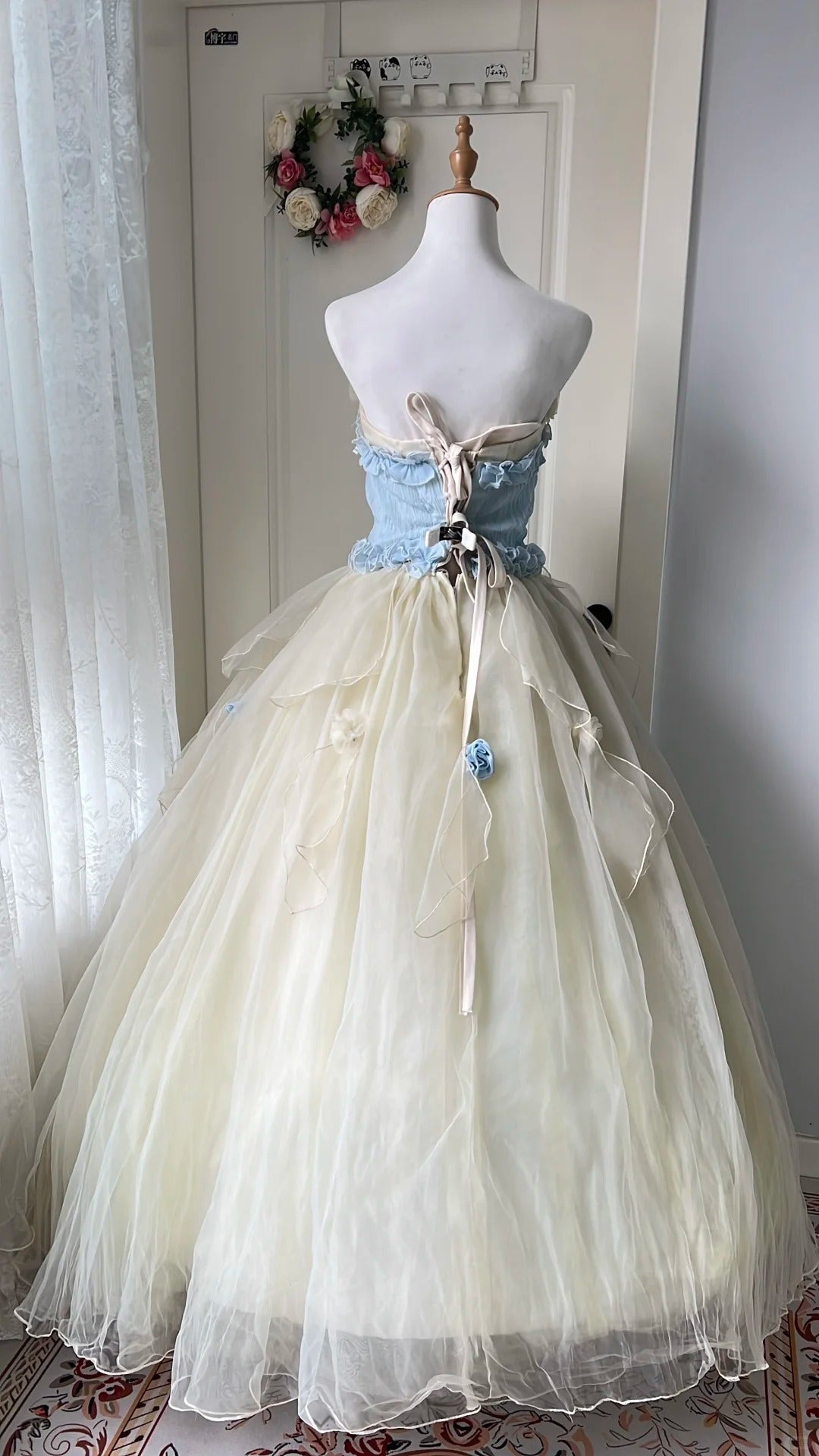 Dreamy Blue and Yellow Color-blocked Strapless Tulle Ball Gown Evening Dress Sweet 16 Dress cc5346