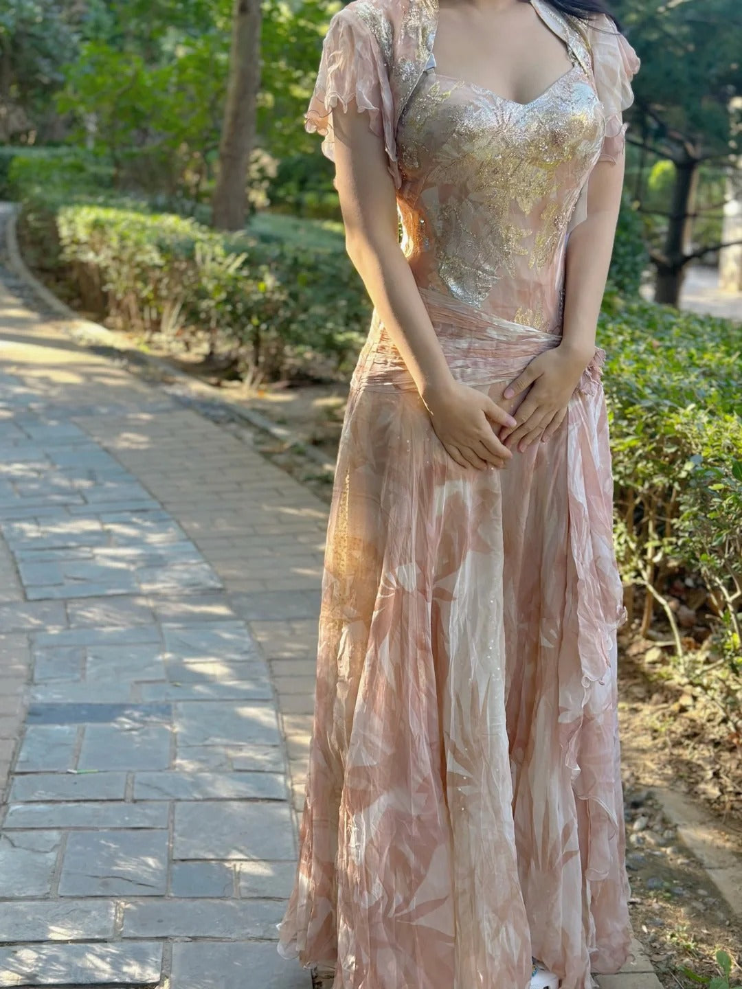 Pretty Pink Floral Print A-line Chiffon Long Prom Dress Evening Dress cc5353