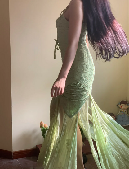 Beautiful Green Mermaid Beaded Embroidered Strappy Slit Chiffon Long Prom Dress Evening Dress cc5354