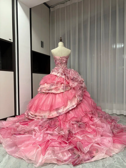 Pink Floral Beaded Long Tulle Ball Gown 16th Birthday Dress Quinceanera Dress gh4736
