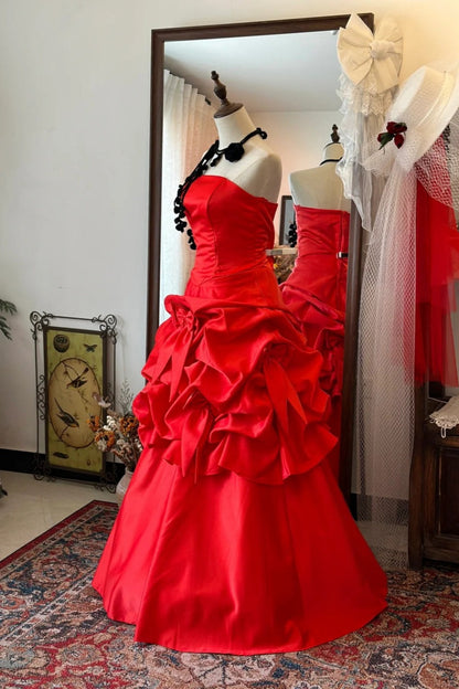 Retro Red Dress: Satin Waist, Flared Skirt Design, High-end Party Dress gh6577