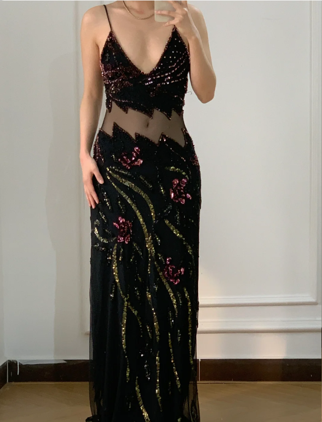 Vintage Black Mermaid Beaded Sequined Floral Cutout Tulle Long Prom Dress Evening Dress cc5356