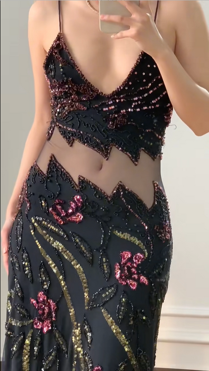Vintage Black Mermaid Beaded Sequined Floral Cutout Tulle Long Prom Dress Evening Dress cc5356