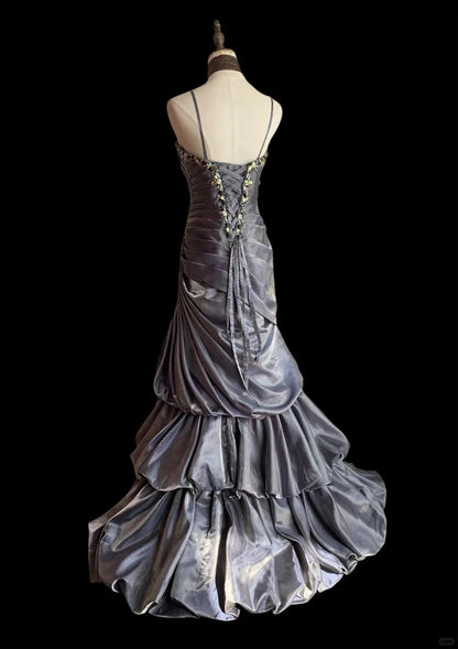 Vintage Grey Mermaid Spaghetti Strap Satin Train Prom Dress Evening Dress cc5357