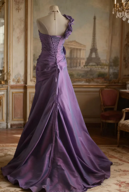Retro Elegant Purple 3D Floral One-Shoulder Mermaid Satin Long Prom Dress Evening Dress cc5359