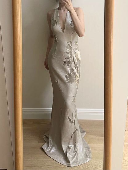 Elegant Mermaid Halter Neck Deep V-Neck Sequined Long Prom Dress Evening Dress cc5362