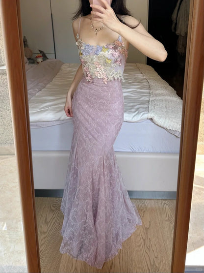 Elegant Light Purple Mermaid Square Neck 3D Floral Lace Long Prom Dress Evening Dress cc5365
