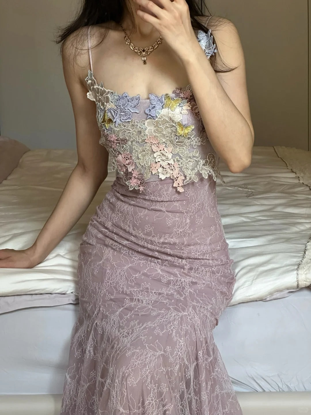 Elegant Light Purple Mermaid Square Neck 3D Floral Lace Long Prom Dress Evening Dress cc5365