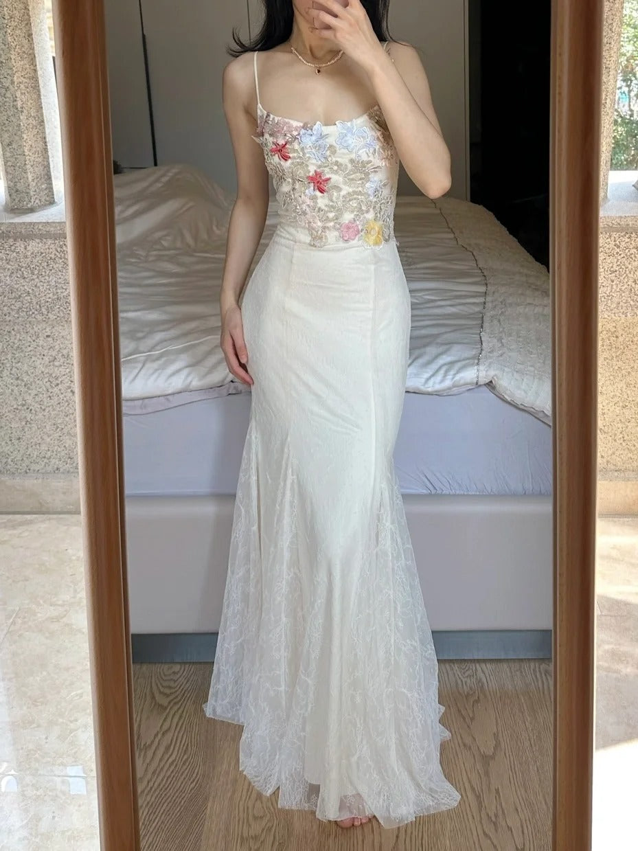 Elegant Light Purple Mermaid Square Neck 3D Floral Lace Long Prom Dress Evening Dress cc5365