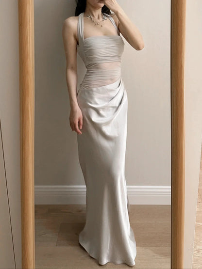 Elegant Grey Mermaid Halter Neck Square Neck Satin Tulle Long Prom Dress Evening Dress cc5366