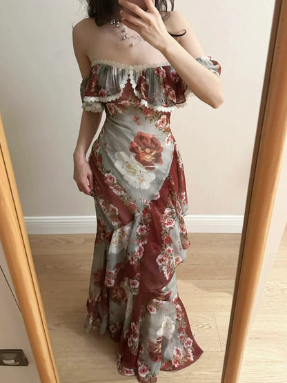 Retro Mermaid Print Ruffled Chiffon Long Prom Dress Evening Dress cc5367