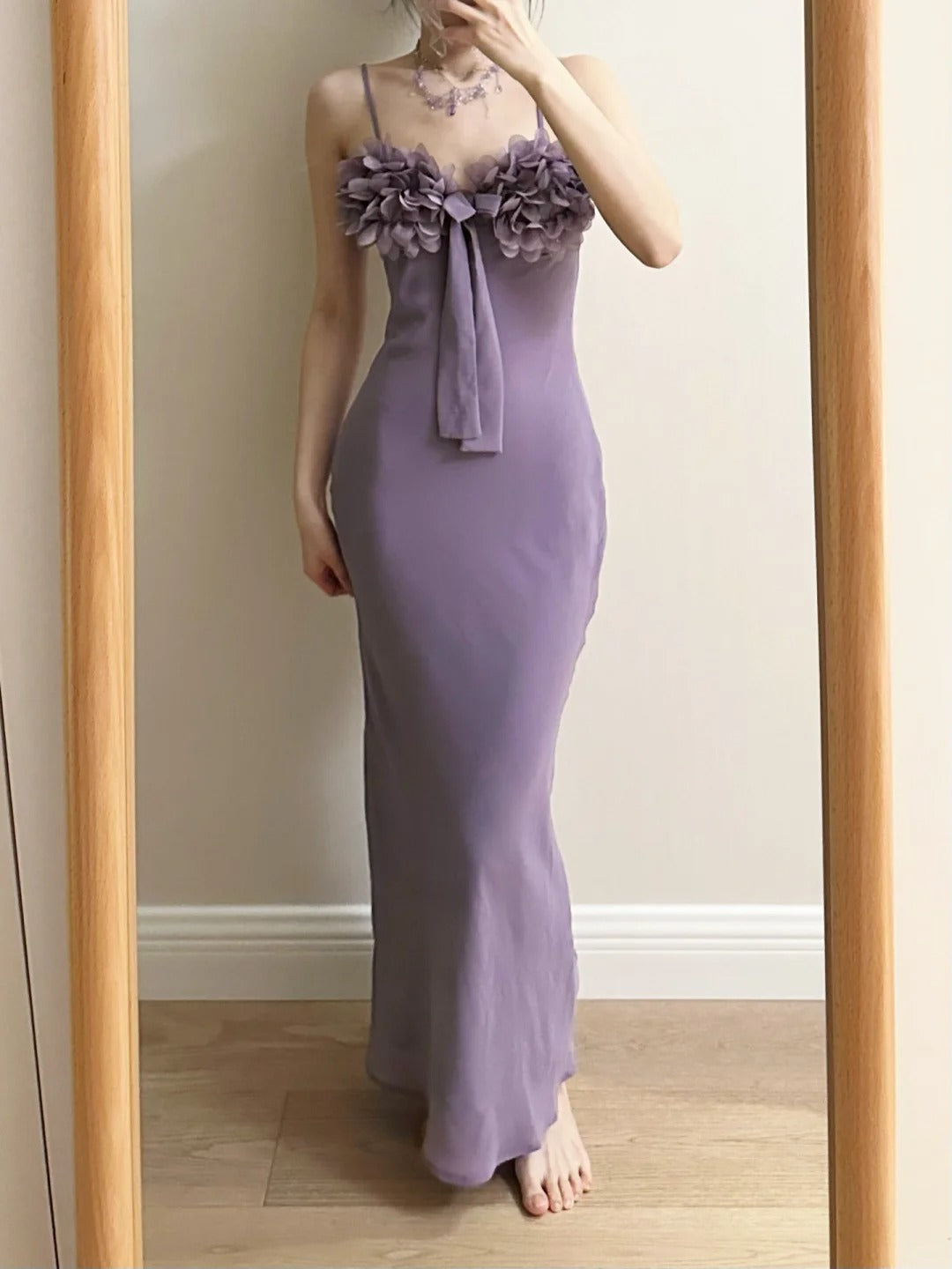 Elegant Purple Mermaid 3D Flower Bow Thin Strap Satin Long Prom Dress Evening Dress Bridesmaid Dress cc5369
