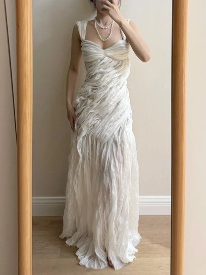 Elegant Ivory Pleated Satin Long Prom Dress Evening Dress cc5371
