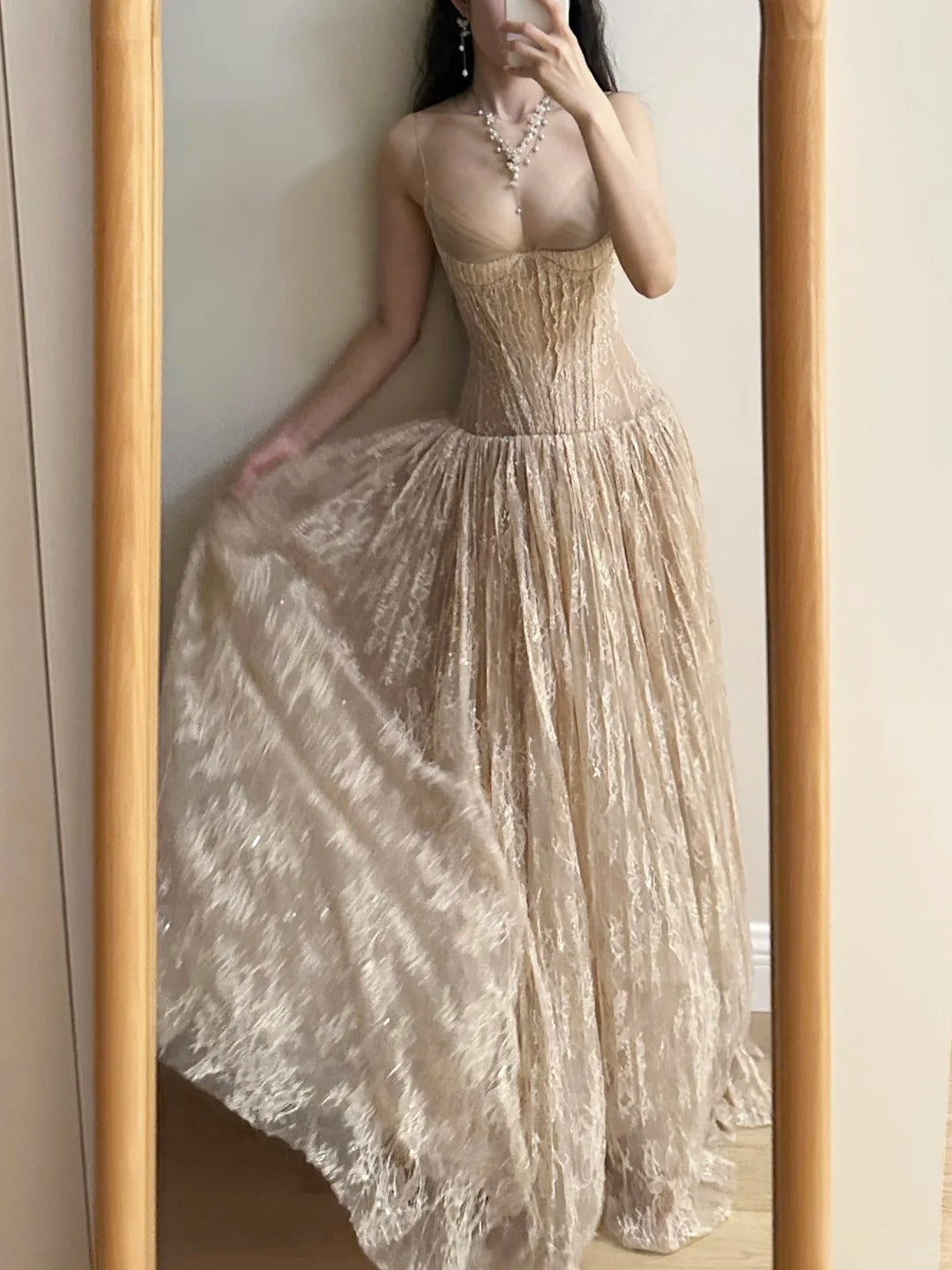 Elegant Nude Apricot A-line Deep V Halter Lace Long Prom Dress Evening Dress Bridesmaid Dress cc5372