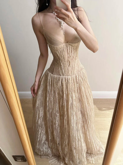 Elegant Nude Apricot A-line Deep V Halter Lace Long Prom Dress Evening Dress Bridesmaid Dress cc5372