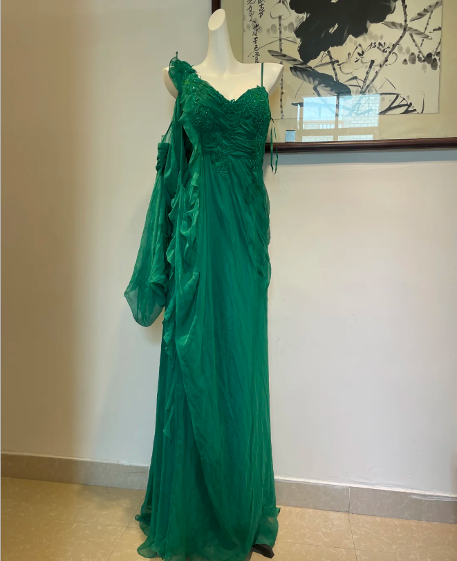 Elegant Green Deep V-Neck Chiffon Long Prom Dress Evening Dress cc5373