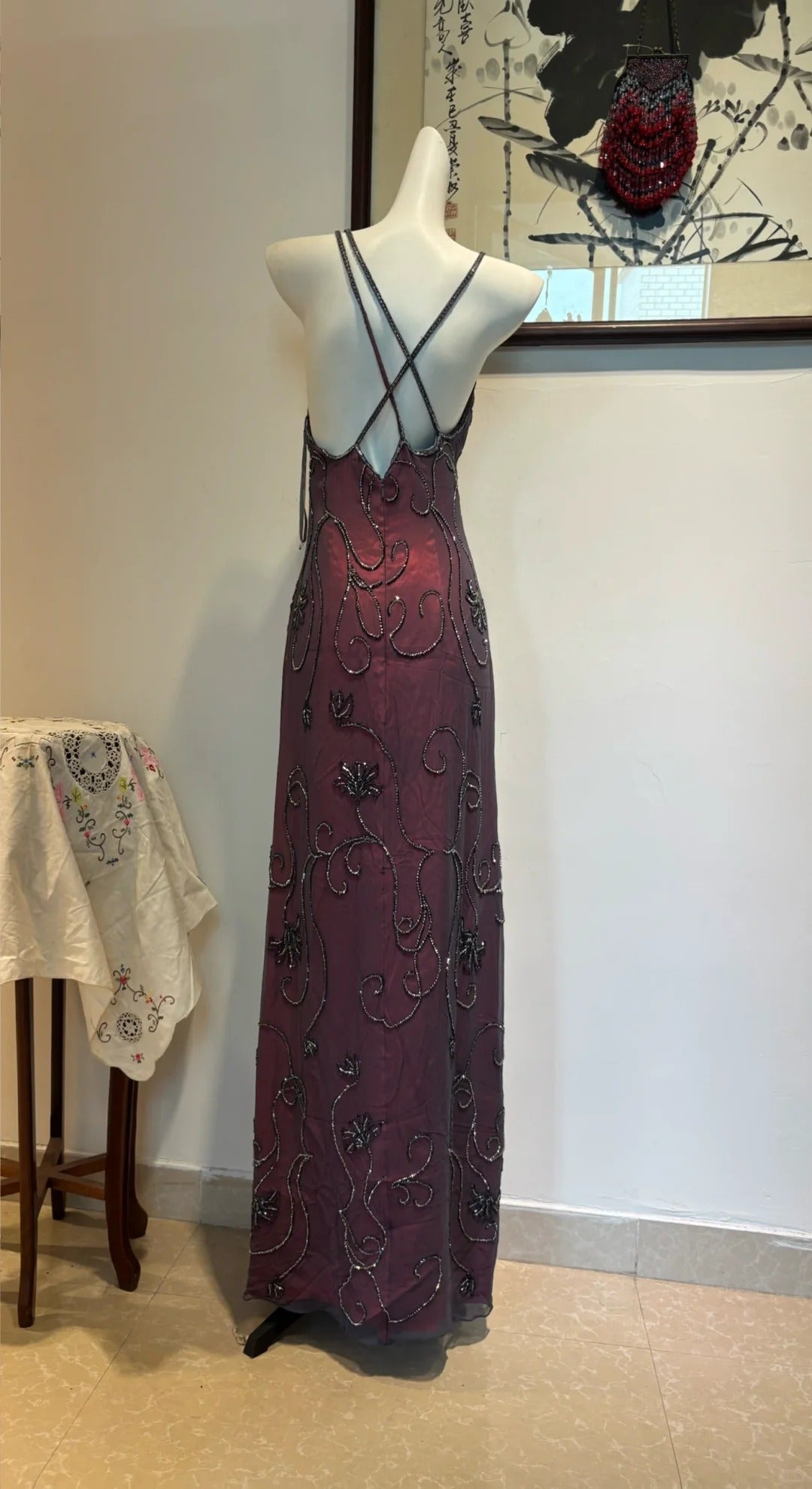 Elegant Vintage Burgundy Beaded Floral Crossover Backless Satin Long Prom Dress Evening Dress cc5374