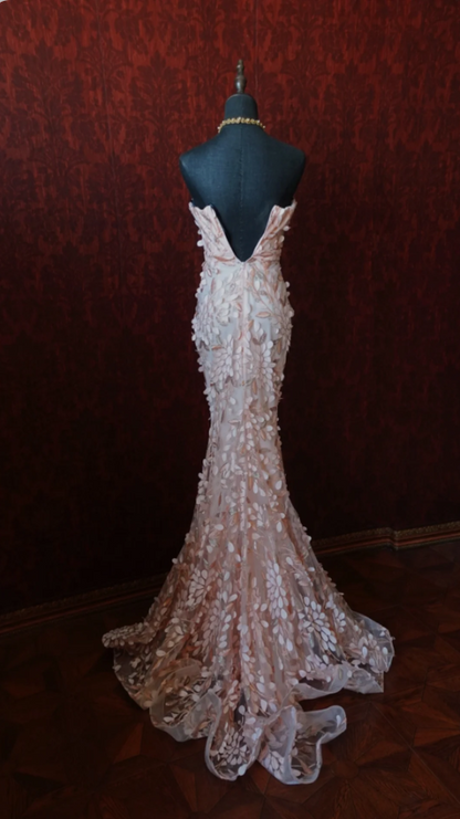 Sweet Pink Mermaid Sweetheart Neckline 3D Petal Tulle Long Prom Dress Evening Dress cc5375