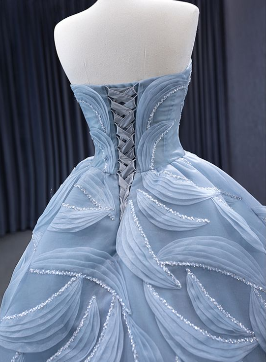 High-End Blue Beading Tulle Cascading Ruffles Prom Dress New Ball Gown  cc1768