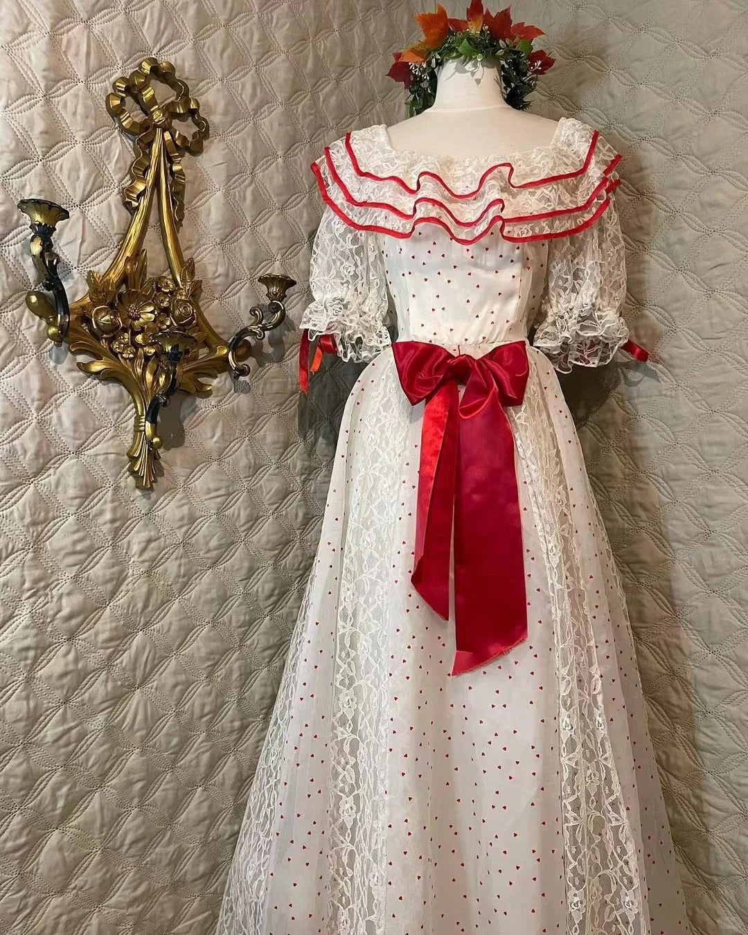 Retro White And Red Color-Blocked Ruffled Collar Polka Dot Bow Lace A-line Long Prom Dress Evening Dress cc5376