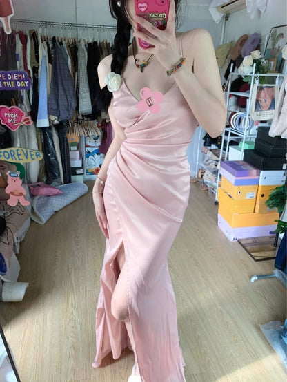 Sweet Pink Mermaid V-neck Spaghetti Strap Satin Slit Long Prom Dress Evening Dress cc5378
