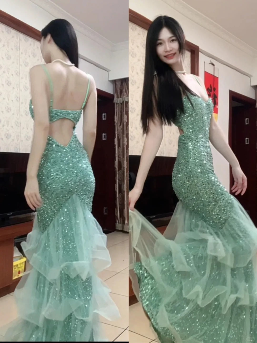 Dreamy Princess Mint Green Mermaid Spaghetti Strap Backless Sequined Long Prom Dress Evening Dress cc5379