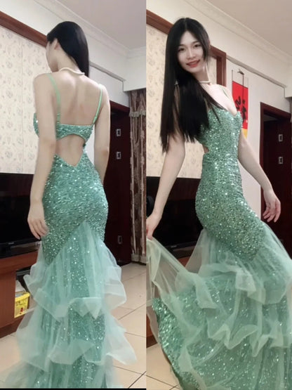 Dreamy Princess Mint Green Mermaid Spaghetti Strap Backless Sequined Long Prom Dress Evening Dress cc5379
