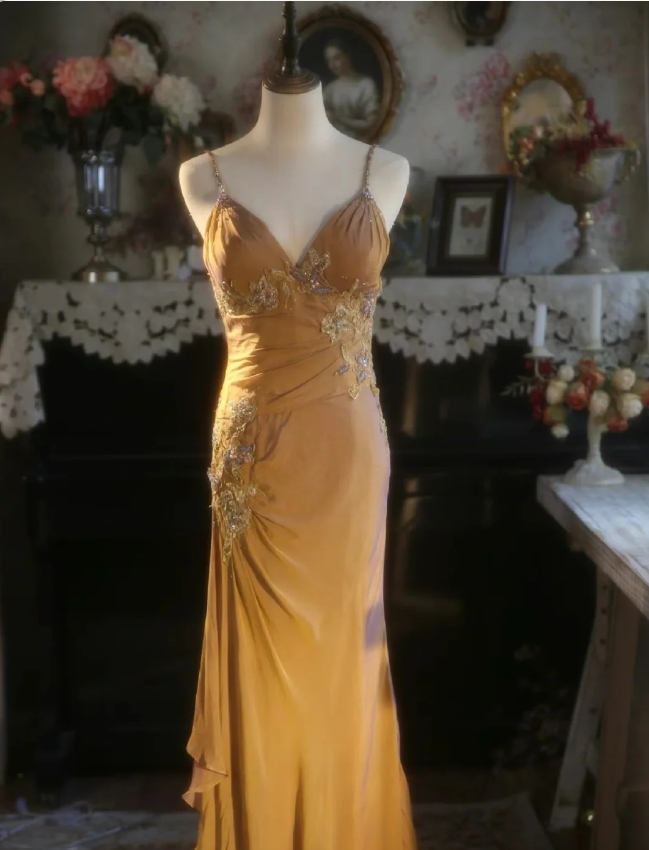 Elegant Ginger Yellow Mermaid V-neck Beaded Embroidered Satin Prom Dress Evening Dress cc5383