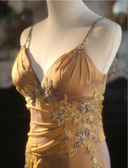 Elegant Ginger Yellow Mermaid V-neck Beaded Embroidered Satin Prom Dress Evening Dress cc5383