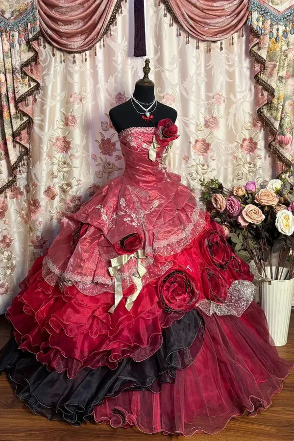 Red Vintage Floral Beaded Long Tulle Ball Gown gh4950