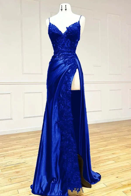 Elegant Burgundy Satin Appliques Evening Dress Slit Prom Party Dress cc1795