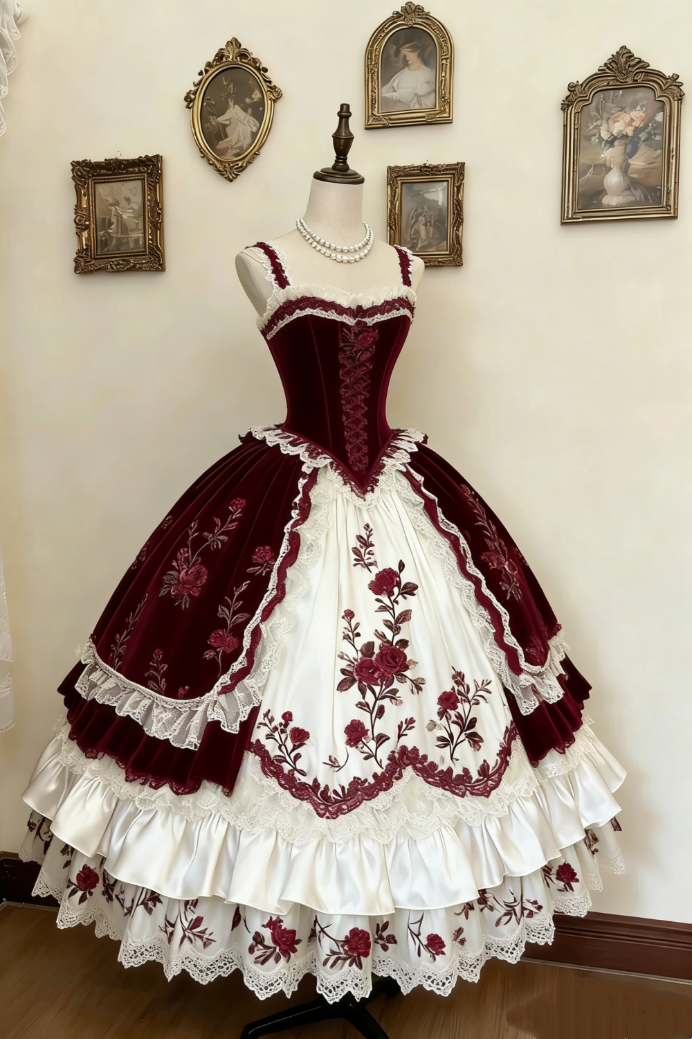 Green and White Rose Rococo Palace Dress gh6781