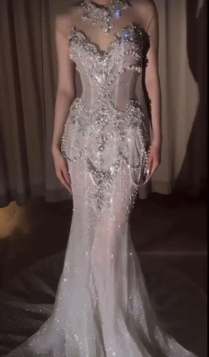 Elegant Silver-White Mermaid Sweetheart Neckline Pearl-Beaded Tulle Train Prom Dress Evening Dress cc5123