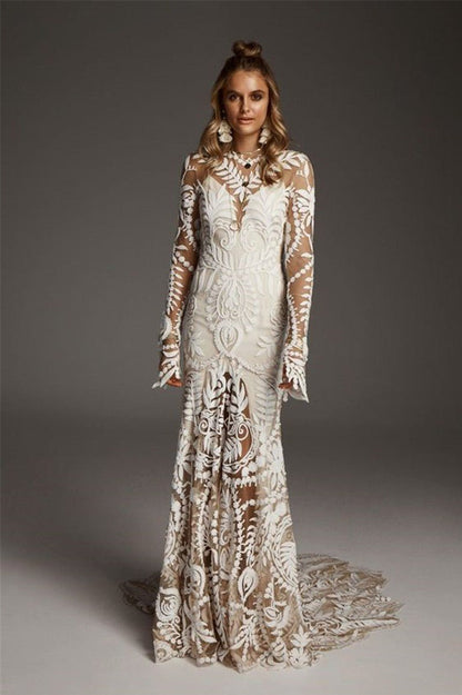 Long Sleeves Mermaid Lace Split Inside Long Formal Wedding Dress