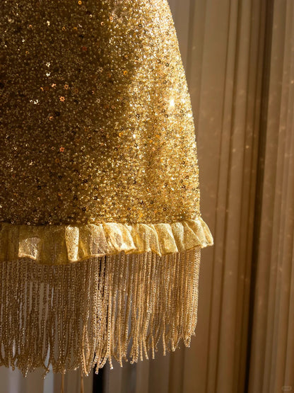 Gold Luxury Shiny Gorgeous Cute Elegant Exquisite Tassel Short Sequin Homecoming Dress Prom Dress Evening Dress Party Dress gh4165