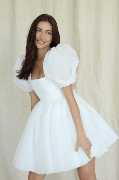 Yuna | A-Line Square-Neck Short Wedding Dress With Puffy Pearls Sleeves