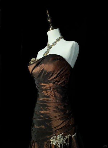 Brown & Black Gradient Satin One-shoulder Gown: Heavy Embroidery, Mermaid dress, High-end Evening Maxi Dress gh6587