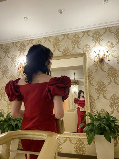 Burgundy Off Shoulder Prom Dress Long Satin Evening Party Dresses