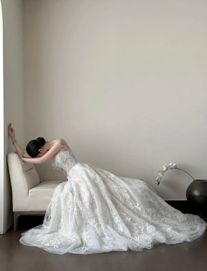 girlhomeshops- Vintage White Beaded Embroidery Strapless Long Train Court Style Wedding Gown gh6096