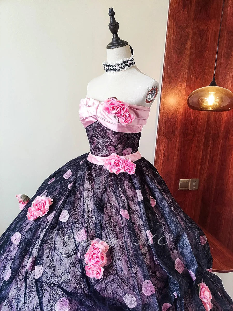 Girlhomeshops-Pink Floral Lace Tulle Floor-Length Ball Gown gh5302