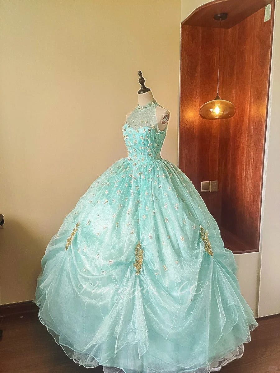 Girlhomeshops-Mint Green Glitter Beaded Floral Long Tulle Floor-Length Ball Gown gh5300